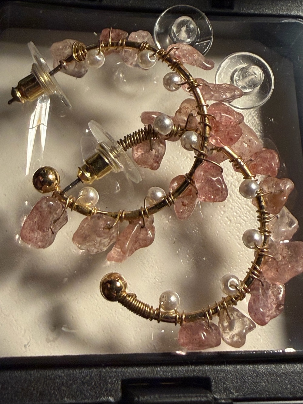 Handmade Pink Faux Crystal & Pearl Hoop Earrings
